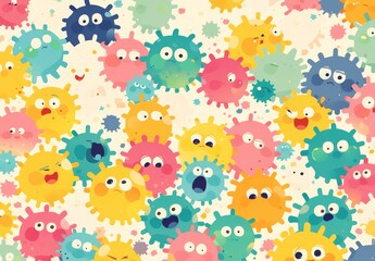 A group of colorful animated shapes resembling cute little virus cells with big eyes and mouths open in the middle of an interesting background. 