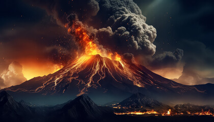 Volcano erupts with fire and smoke at night