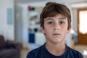 Portrait of Pre-teen Boy Looking at Camera at Home with Blurred Background