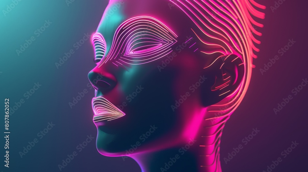 Poster A close-up view of a womans head with vibrant neon lights glowing on her features, creating a striking visual effect