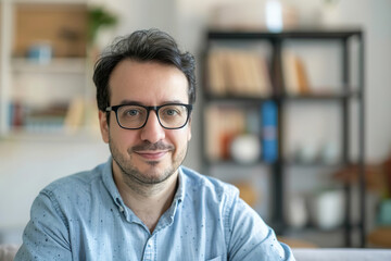 Obraz premium Portrait of Mature Man Looking at Camera at Home with Blurred Background