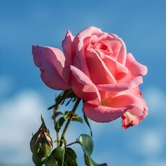 A pink rose with green leaves and a blue background
