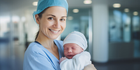 Hebamme h&auml;lt Neugeborenes im Arm