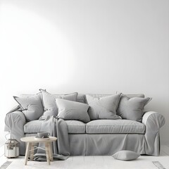 A grey couch with pillows in a white room, creating a cozy and modern living space.