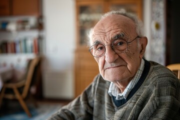 Portrait of Elderly Southern European Man Gazing at Camera at Home with Blurred Background
