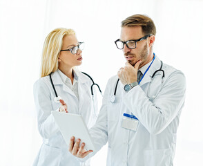 Fototapeta premium doctor hospital team medical document health medicine healthcare meeting teamwork tablet computer technology clinic office hallway