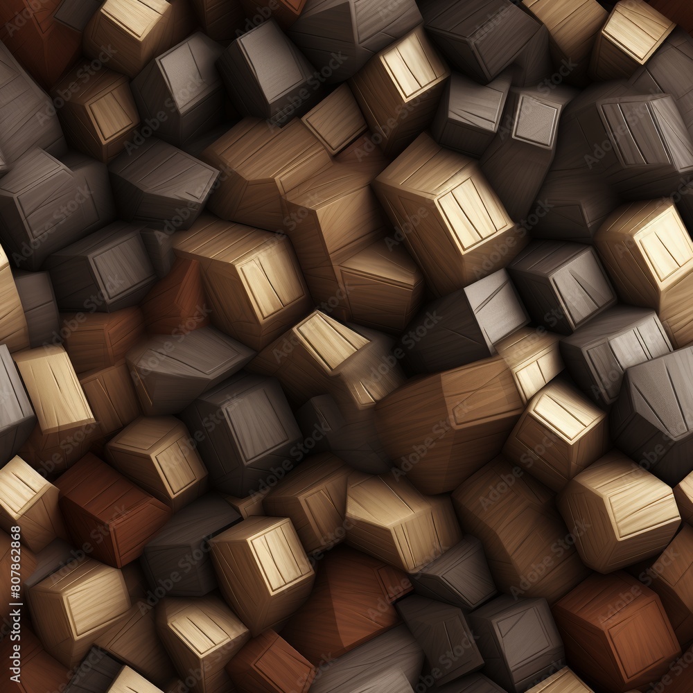 Poster a close-up view of a cluster of wooden cubes stacked together, creating a geometric pattern