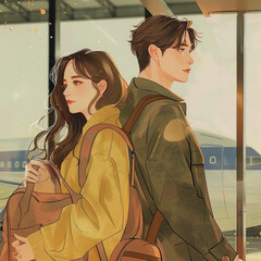 Airport, traveling couple illustration플