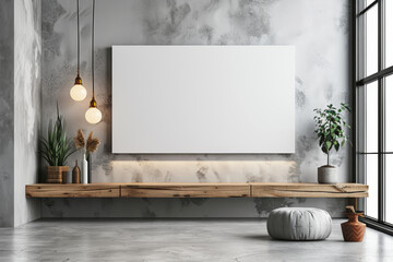 Modern Office Interior Mockup with White Wall, Wooden Elements, and Concrete Floor, Side View of Modern Desk