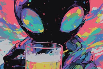 A rainbow colored alien drinking beer on a black background