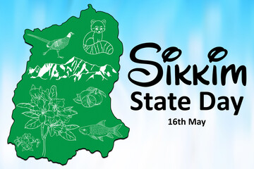 Greetings on Sikkim State Day featuring the state's map and key symbols, this day is celebrated annually on May 16th to honor Sikkim's rich heritage and culture.