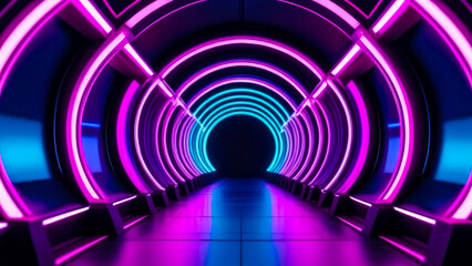 Mesmerizing abstract spiral tunnel with neon glowing pink and blue lights. Futuristic motion graphics concept.