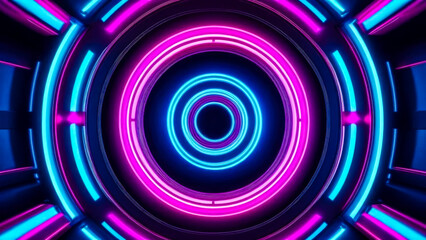 Surreal sci-fi spiral futuristic tunnel with vibrant pink and blue neon glowing lights. Futuristic motion graphics backdrop.