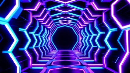 Stunning visual of sci-fi web futuristic tunnel adorned with glowing purple and blue neon lights. Futuristic motion graphics backdrop.