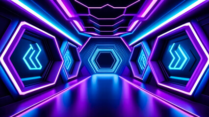 Immersive sci-fi experience with vivid purple and blue neon glowing lights in abstract futuristic spaceship tunnel. Futuristic motion graphics concept.