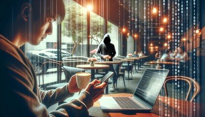 Man working on cybersecurity in a café with digital overlay