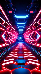 Surreal futuristic spaceship style tunnel with vibrant red neon lights. Cyberpunk motion graphics backdrop.