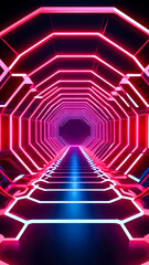 Dynamic abstract futuristic portal tunnel with red neon glowing lights. Cyberpunk motion graphics backdrop.