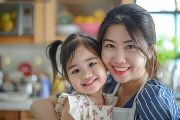 people and family concept - happy smiling girl with mother hugging on sofa at home. Beautiful simple AI generated image in 4K, unique.