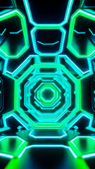 Immersive futuristic experience with vivid green neon glowing lights in abstract vertical tunnel. Cyberpunk motion graphics concept.