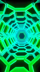 Green neon glowing lights in abstract futuristic vertical tunnel. Cyberpunk style.