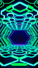 Surreal futuristic spaceship style tunnel with vibrant green glowing neon lights. Cyberpunk motion graphics backdrop.