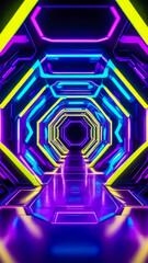 Dynamic motion graphics background featuring futuristic portal tunnel with blue, purple and yellow neon lights.Futuristic vertical background, cyberpunk style.