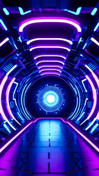 Surreal sci-fi portal tunnel with vibrant purple and blue neon lights. Futuristic motion graphics vertical backdrop.