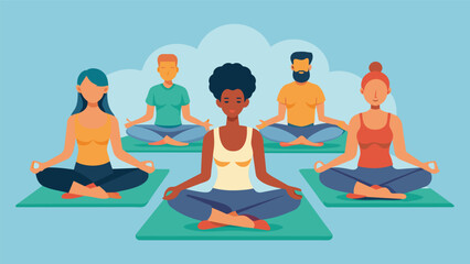 A group of participants recline on comfortable yoga mats eyes closed as they are guided through a series of restorative poses releasing tension and. Vector illustration