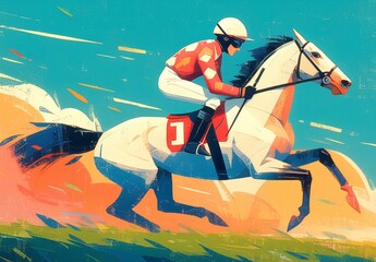 Horse racing with a retro color palette and pastel shades, showing a jockey on the back wearing a white helmet against a background of a sunset sky and green grass landscape.