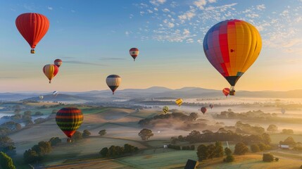 A fleet of colorful hot air balloons rising into the sky at dawn,offering passengers a bird's-eye view of picturesque countryside dotted with rolling hills and quaint villages
