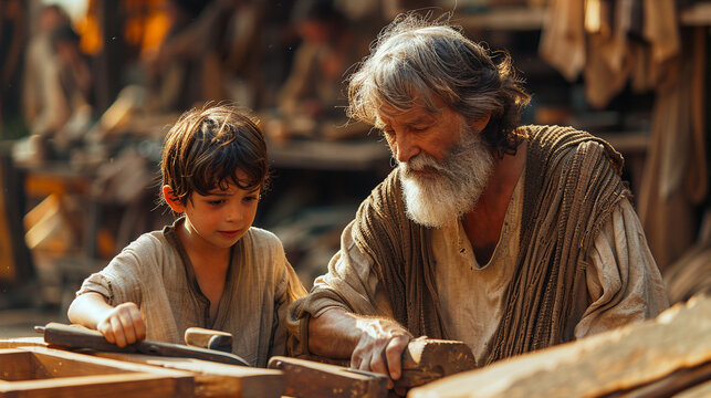 Saint Joseph and the boy Jesus Christ are engaged in carpentry. Holy Family. Christian illustration for church publications