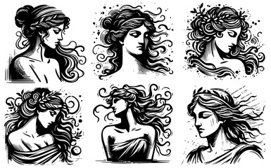 portrait of a woman in classic antique greek style, silhouette black vector illustration character design, decoration laser cutting cnc and engraving print nocolor