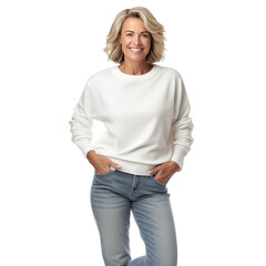 A woman in a white shirt and gray pants is smiling and holding her hands up