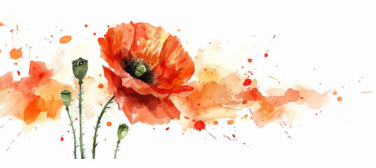 watercolor illustration of red poppy, banner, white background
