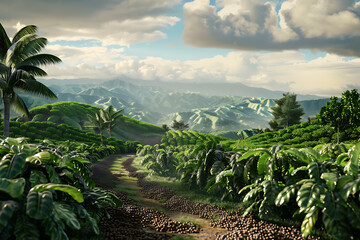 Obraz premium A panoramic view of lush coffee plantations, showcasing rows of vibrant coffee trees against a backdrop of rolling hills and clear blue skies.