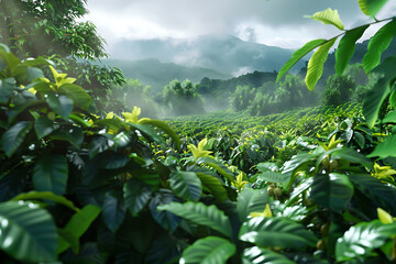 A panoramic view of lush coffee plantations, showcasing rows of vibrant coffee trees against a backdrop of rolling hills and clear blue skies.