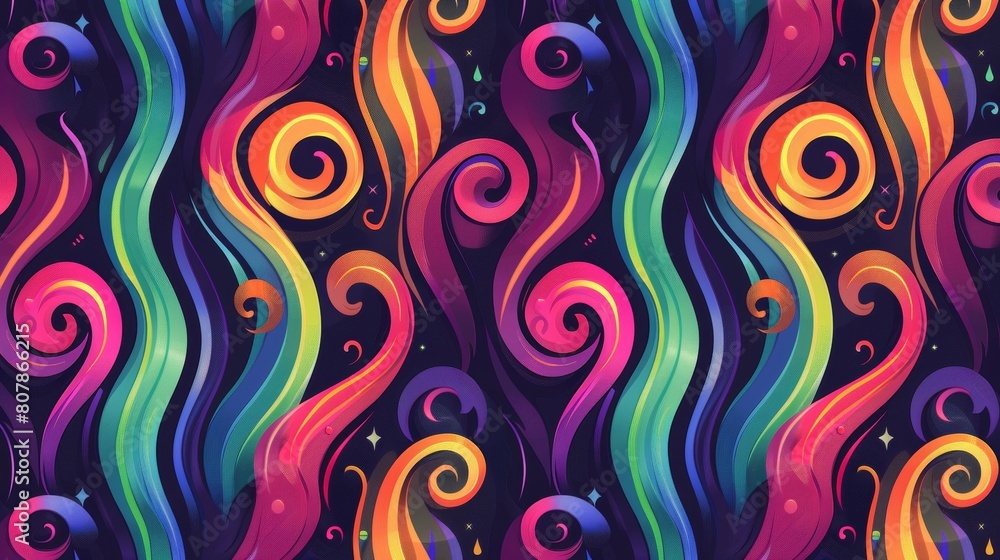 Poster this seamless retro pattern features color vertical stripes, lines, and curls