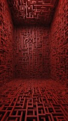 Room bathed in monochromatic red hue presents immersive environment with walls, floor, ceiling covered in complex, three-dimensional maze-like pattern.