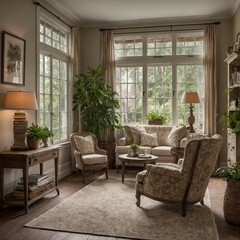 Cozy, well-lit living room beckons for relaxation. Plush seating, variety of plants situated by large windows with sheer curtains. Room tastefully decorated with small wooden table, elegant lamps,.