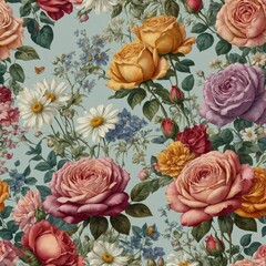 Seamless floral pattern unfolds across image, showcasing assortment of flowers. Large blooms of roses in various hues - pink, yellow, purple - take center stage.