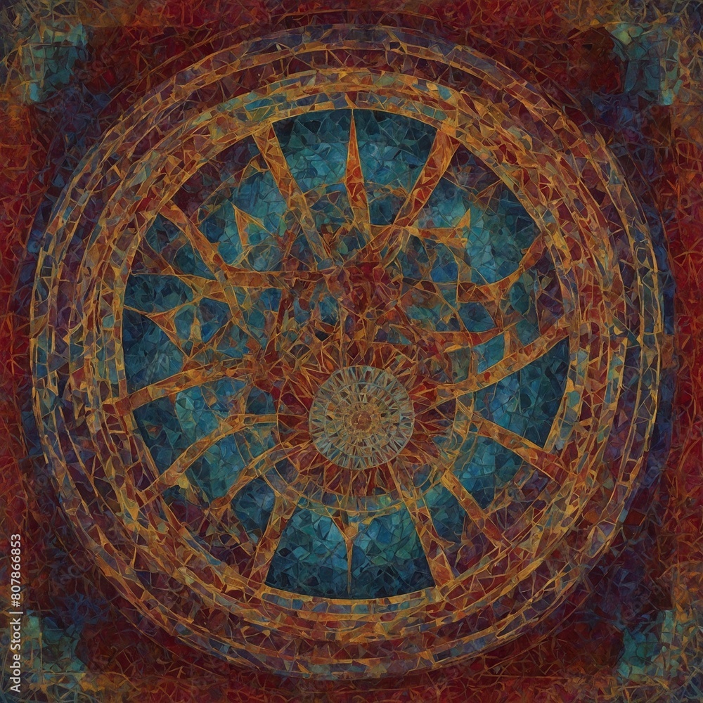 Aufkleber captivating image presented, dominated by complex, kaleidoscopic mandala. this mandala showcases int