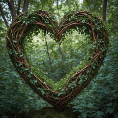 Amidst lush green forest stands large heart-shaped wreath, crafted from intertwined branches, leaves. This natural artwork, blending ly with woodland, symbolizes harmonious relationship between art. - obrazy, fototapety, plakaty