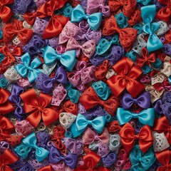 Vibrant collection of satin bows, lace fabric rolls densely packed together creates visually textured surface. Assortment includes shades of blue, red, purple, white. Bows, tied in different styles,.