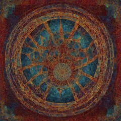 Captivating image presented, dominated by complex, kaleidoscopic mandala. This mandala showcases intricate pattern of geometric shapes, creating layered effect that gives sense of depth.