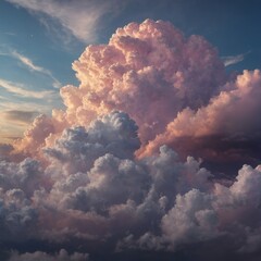 Towering cumulus cloud commands sky, bathed in hues of pink, orange from setting, rising sun, creating atmosphere that both dramatic, ethereal. Clouds colossal presence awe-inspiring yet serene.