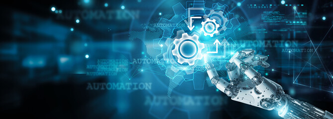 Automation revolutionizes, Hands of robot touch efficiency and speed, clicking the icon, streamlining tasks on network, fostering Innovation, Creativity, inspiration, enhancing productivity, progress.