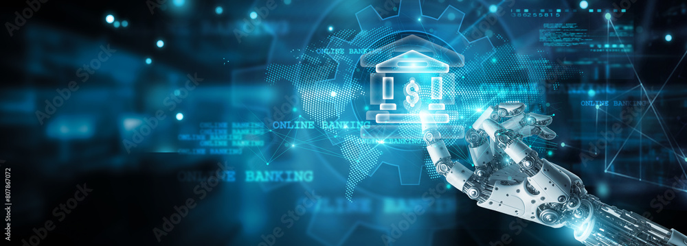 Poster secure transactions, hands-on robot touch virtual screen and mobile banking icon, facilitate ease on