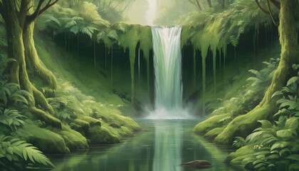 A waterfall amidst lush greenery with gradients of - Powered by Adobe