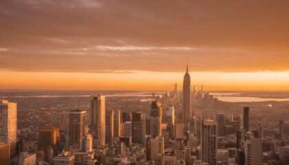 A city skyline at sunset with warm golden hues